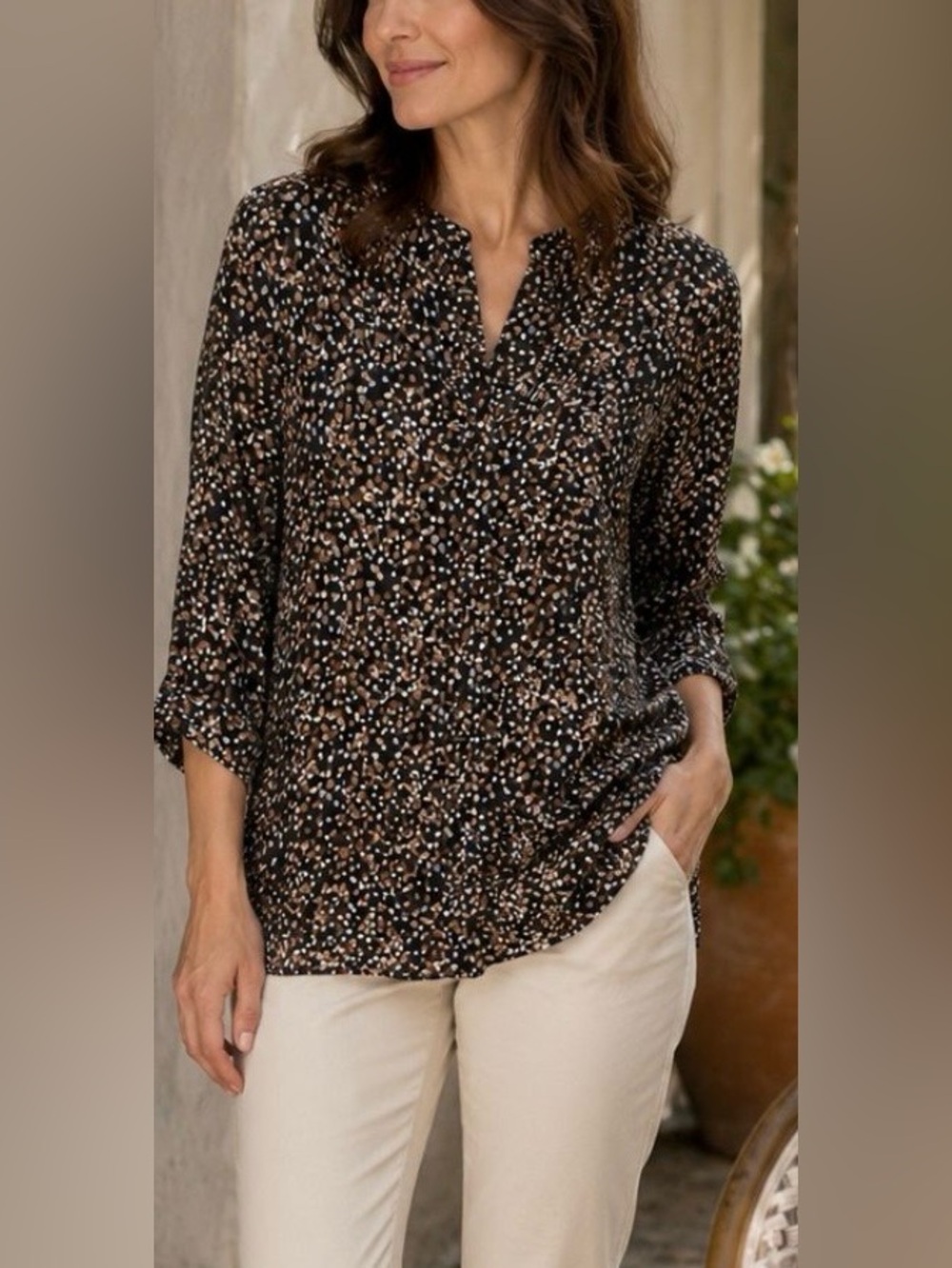 Dana Buchman Earth-Toned Abstract Dotted Print Blouse
